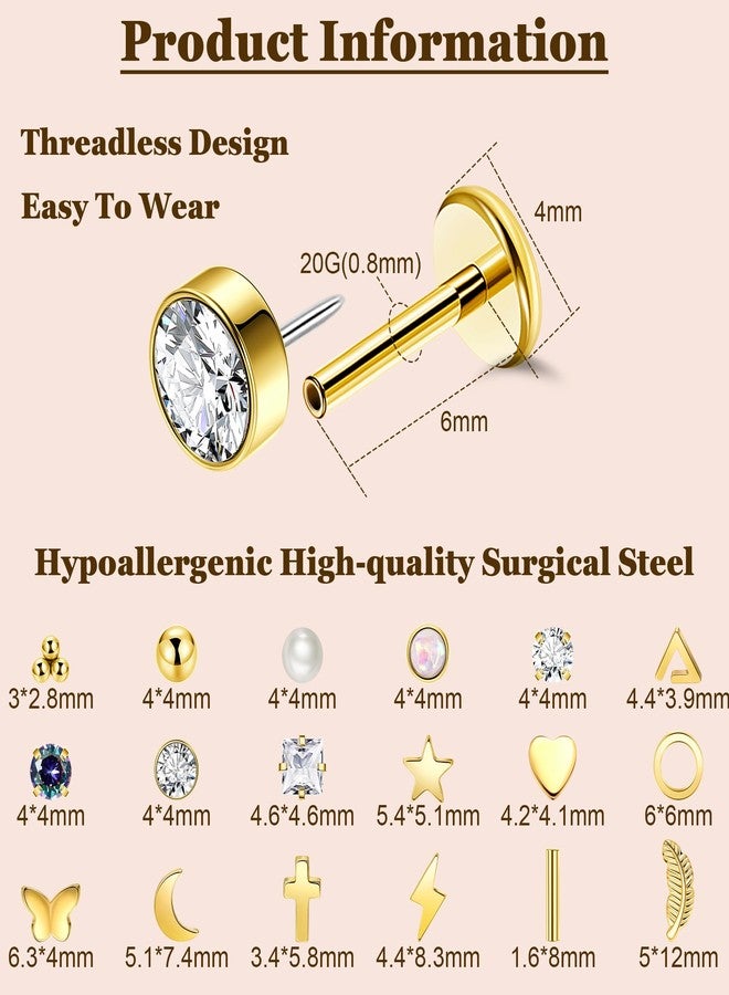 LOREMOW 20G 18Pairs Surgical Steel Threadless Stud Earrings for Women Men Hypoallergenic CZ Flatback Earrings Star Moon Cartilage Helix Tragus Lobe Stud Earring Set for Multiple Piercing G-6 - Image 2